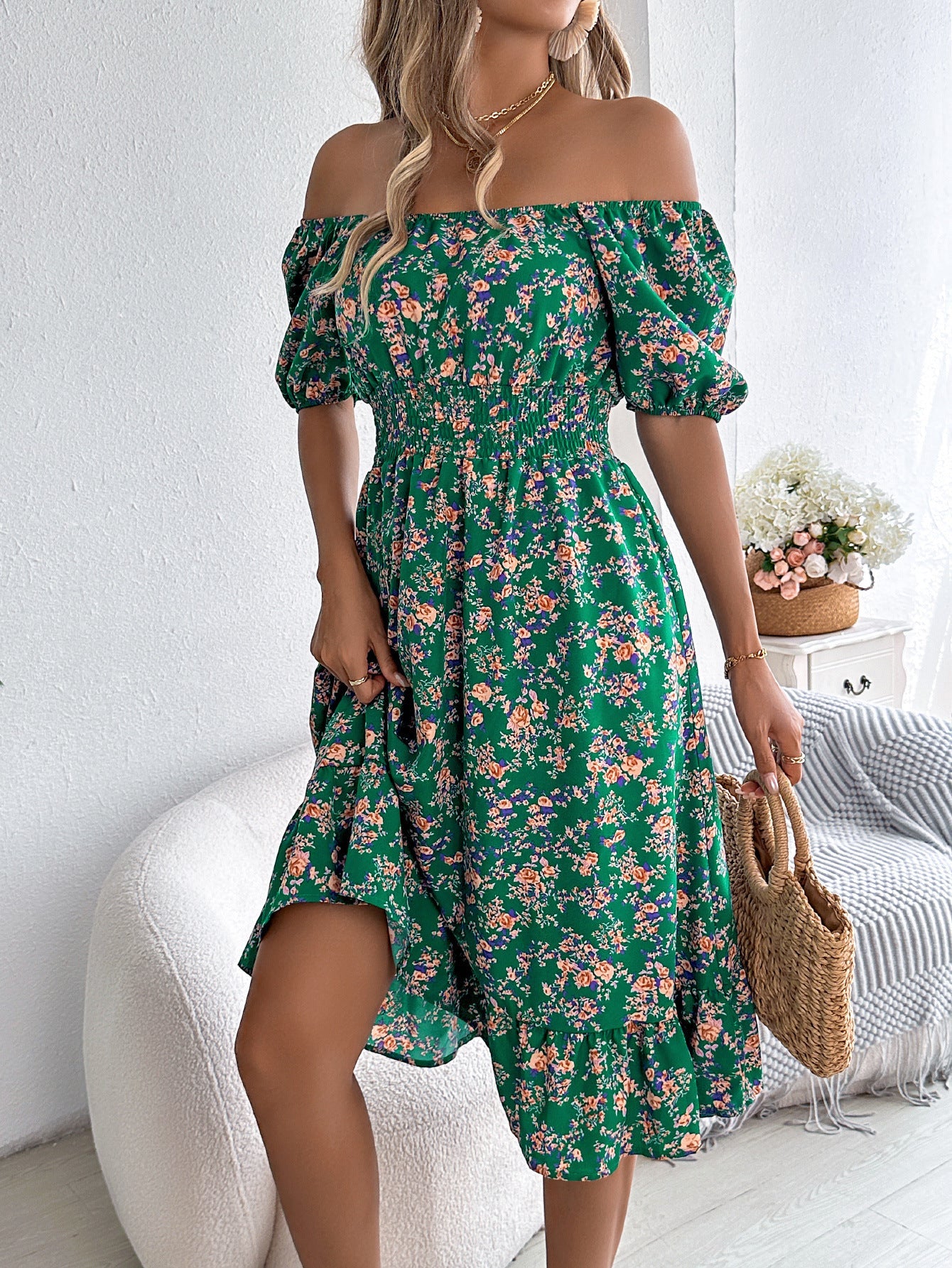 Floral Print Square Collar Ruffle Dress - Summer Fashion