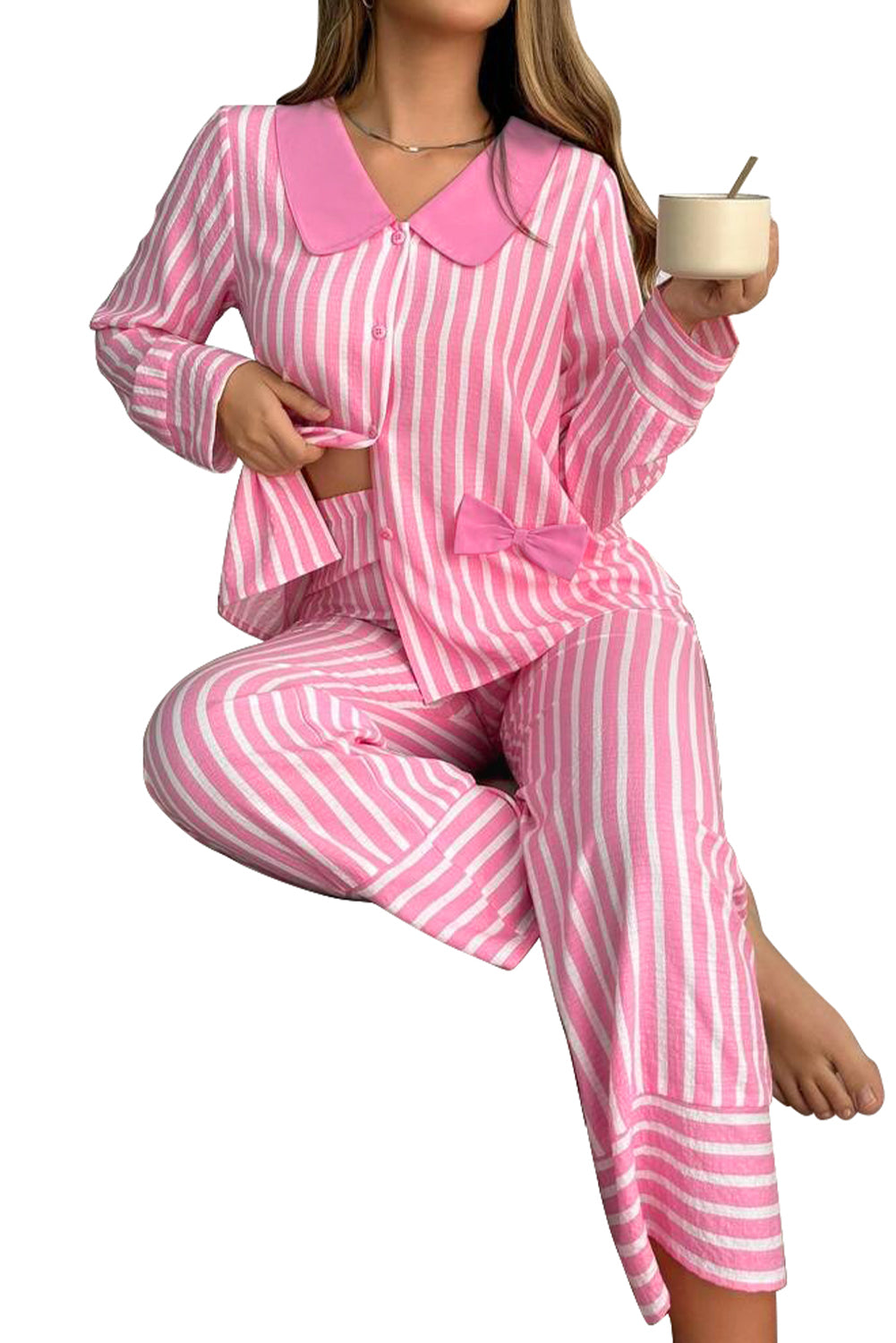 Adora Pink Striped Peter Pan Collar Pajama Set