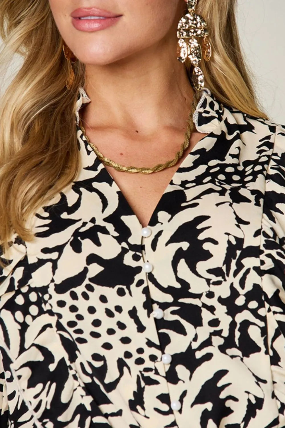 Printed Ruffle Trim Balloon Sleeve Shirt | Buttoned Blouse