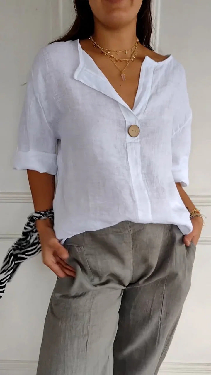 Women's V-Neck Long-Sleeve Linen Button Top – Loose Casual Blouse