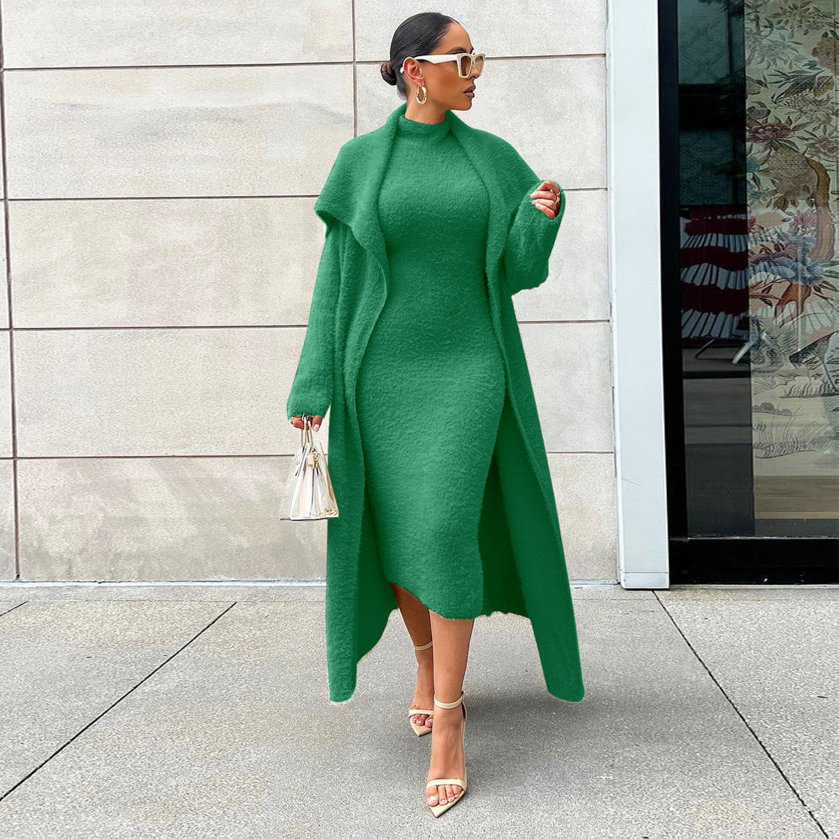 Minimalist Velvet Two-Piece Dress and Long Cardigan Set