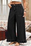 Black Elastic Waist Ruffled Wide Leg Denim Pants