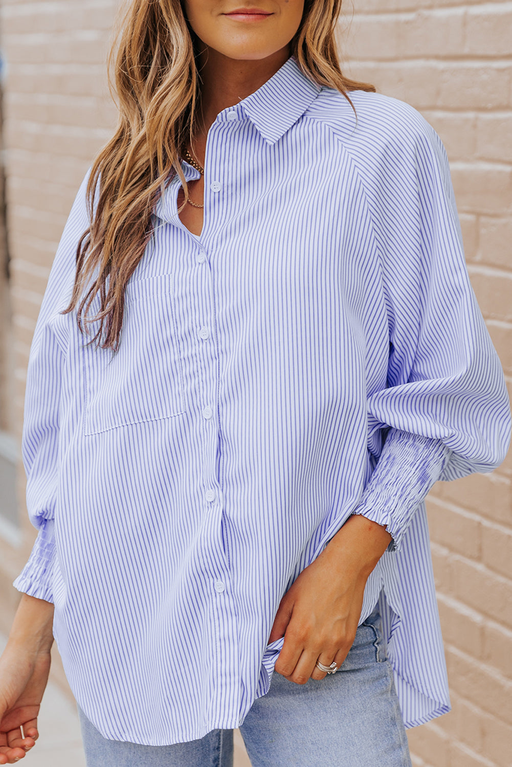 Blue Striped Casual Shirt with Shirred Cuffs | Polyester