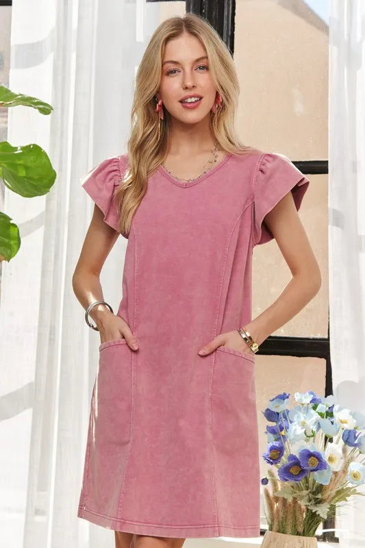 Dusty Rose Mineral Washed Ruffled Cap Sleeve V-Neck Dress
