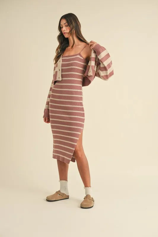 Stripe Knit Crop Cardigan and Bodycon Sweater Dress Set