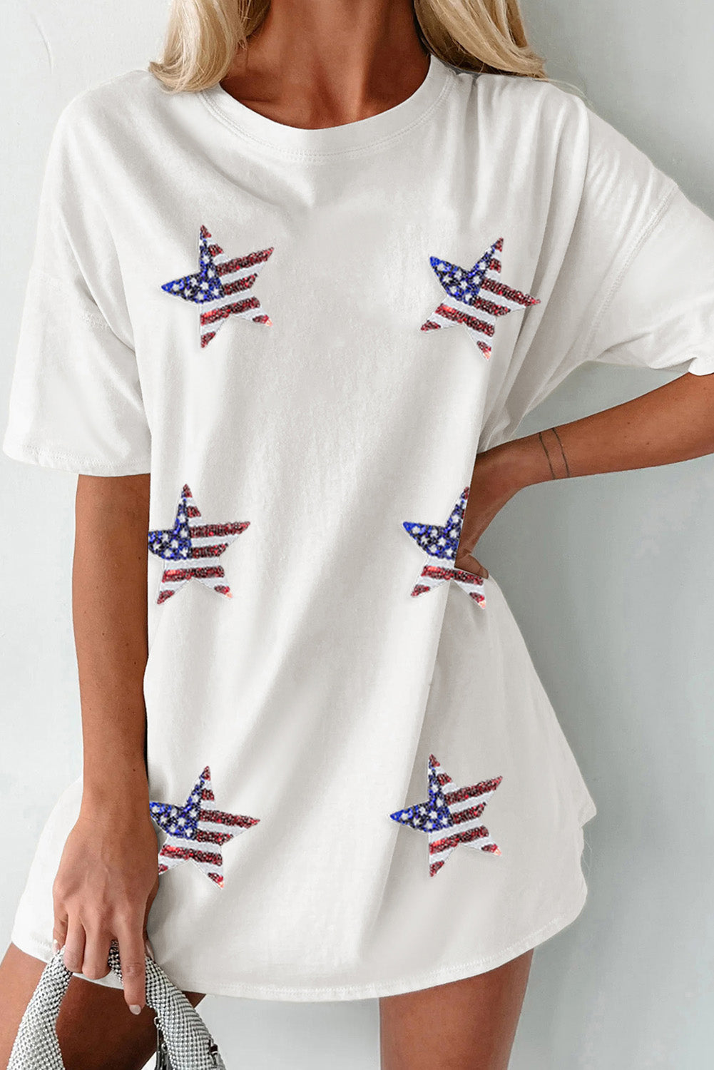 White Oversize T-Shirt with Sequin Star USA Flag Print - Image 2