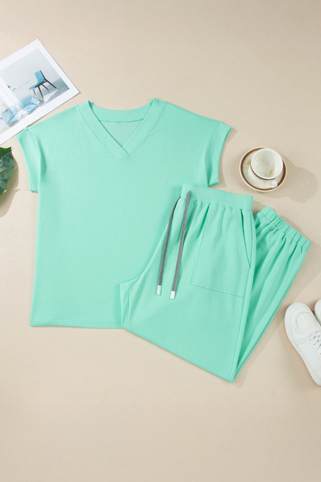 Solid V-Neck Tee and Drawstring Pants Loungewear Set