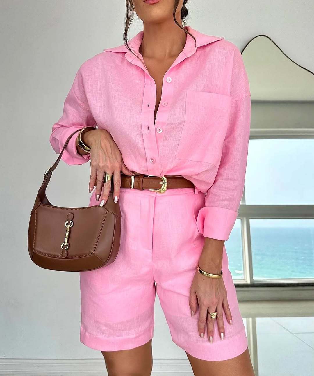 Women's Long-Sleeve Button-Down Shirt and Shorts Set