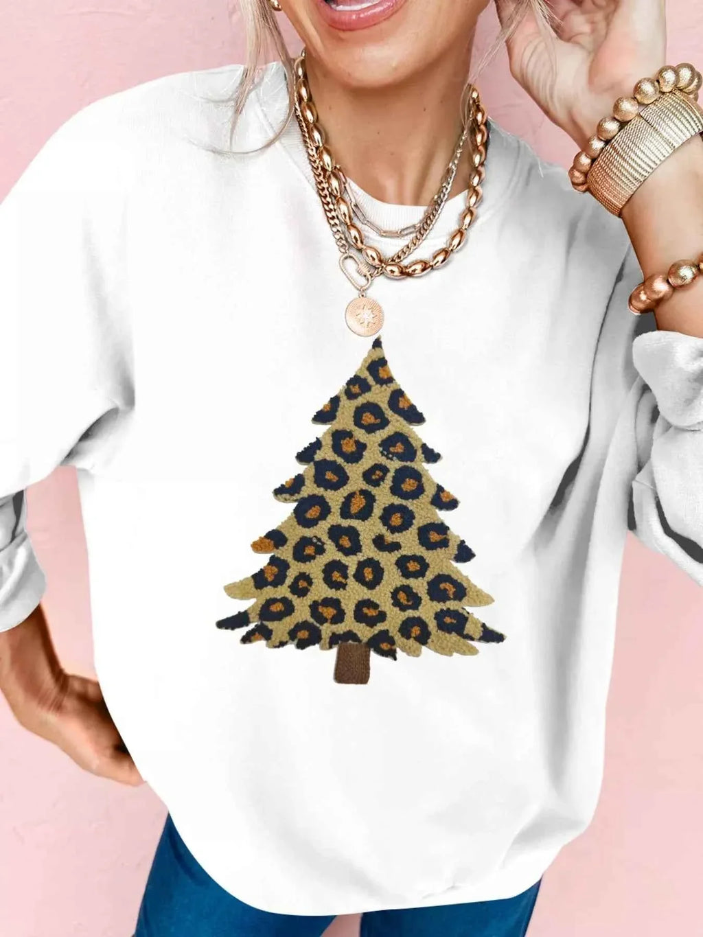 Plush Leopard Tree Patched Drop Shoulder Sweatshirt