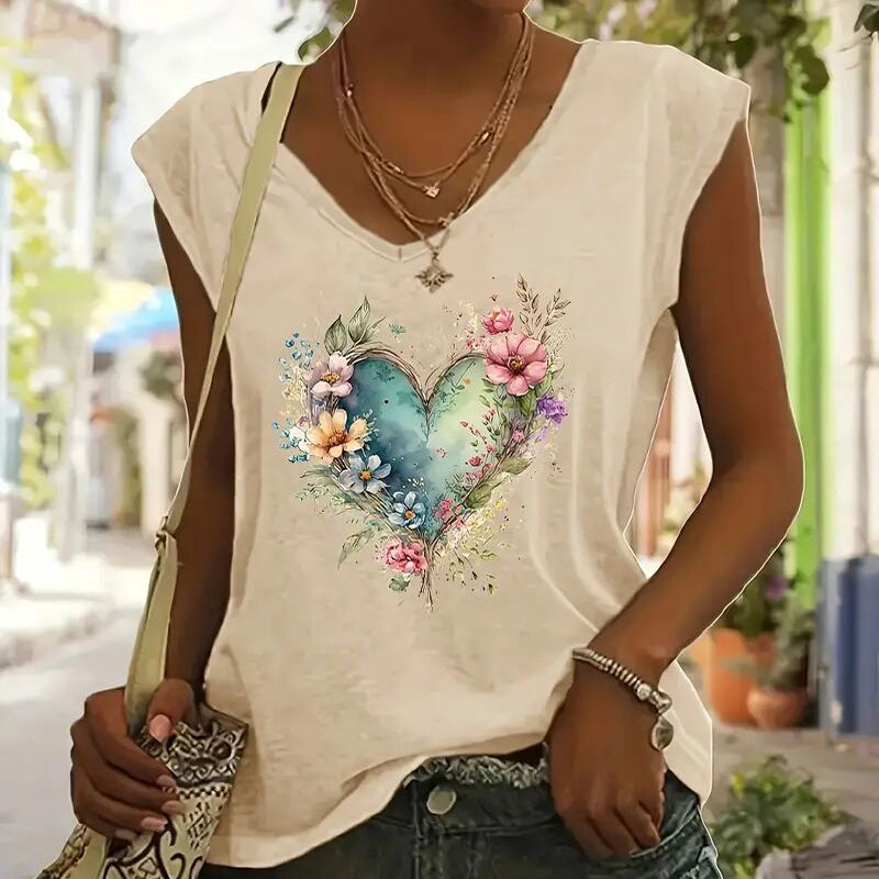 Women's Floral Heart Print V-Neck Short Sleeve Summer T-Shirt - Image 5