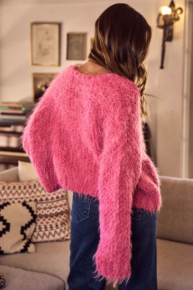 Soft Touch Hairy Loose Fit Cozy Sweater Cardigan in Pink