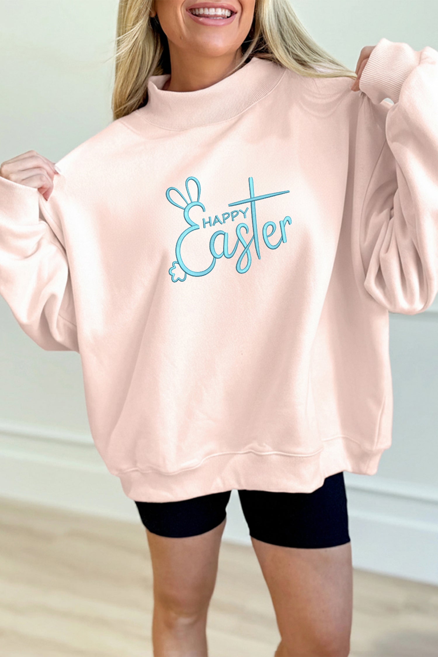 Apricot Pink Easter Bunny Embroidered Mock Neck Sweatshirt