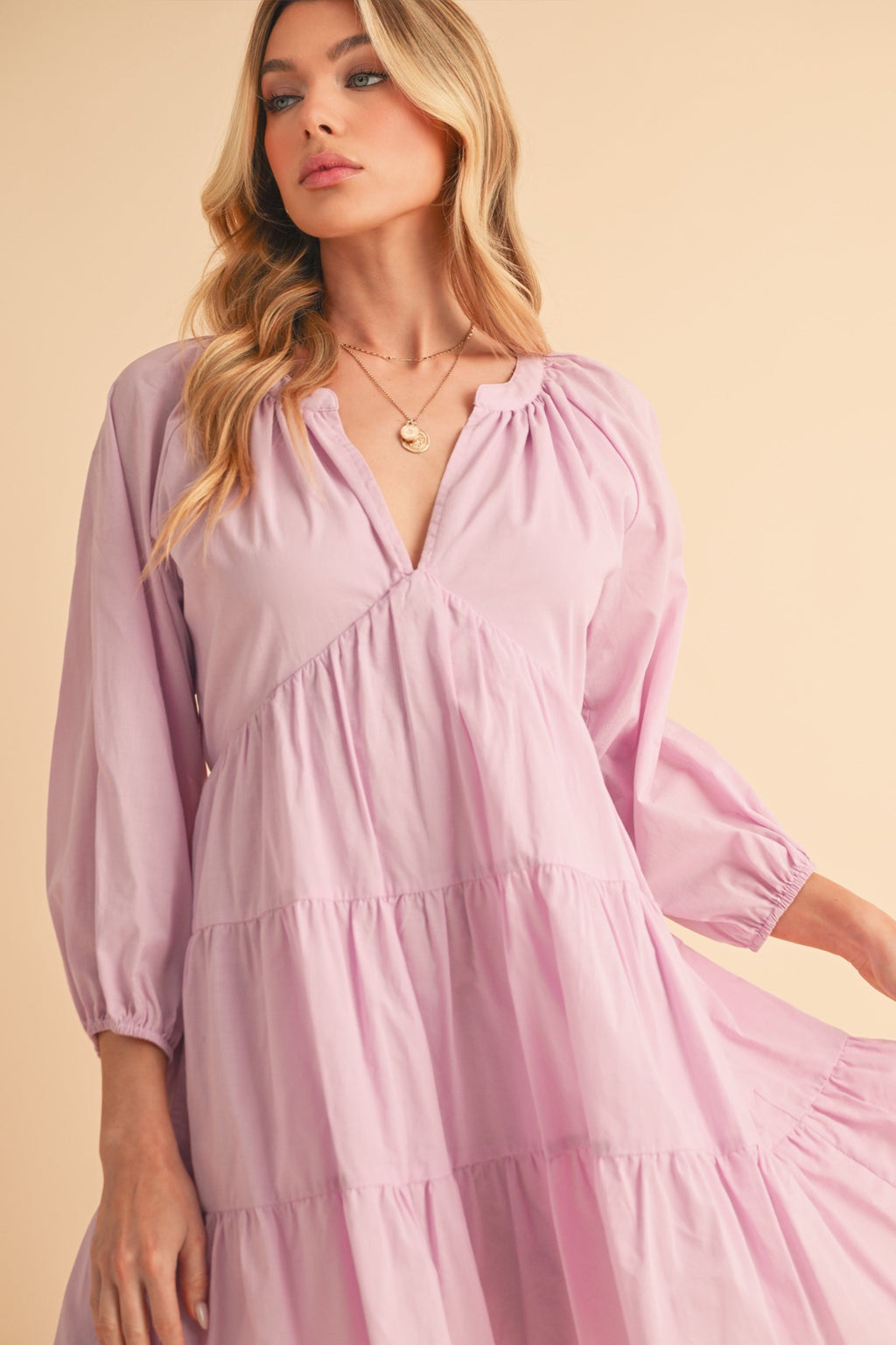 Lavender Cotton Tiered Mini Dress with Notched Balloon Sleeves