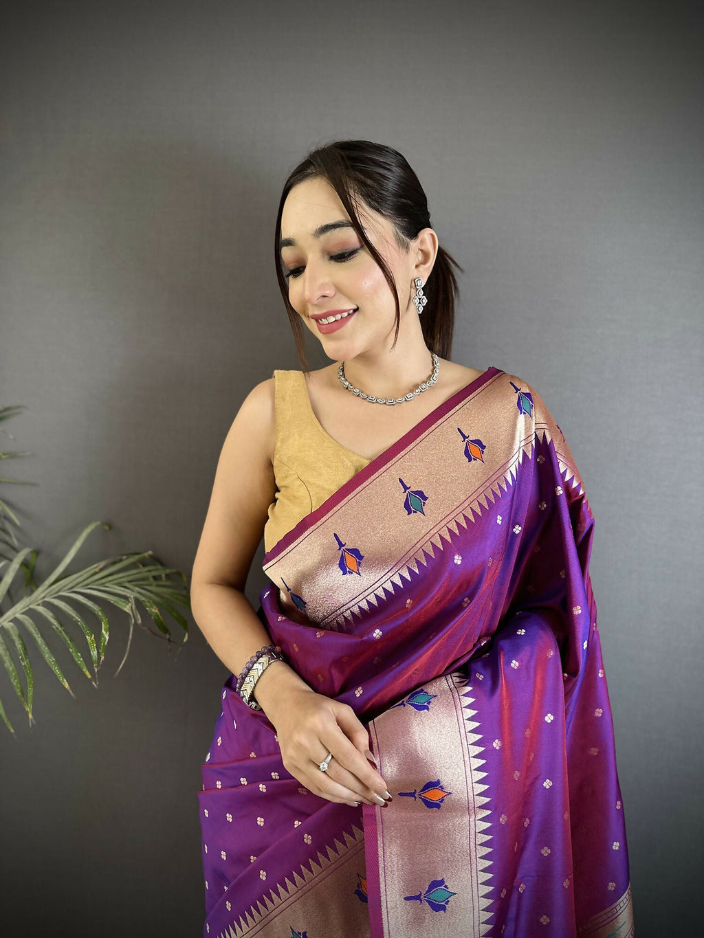 Joban Fashion Magenta Peacock & Floral Motifs Soft Lichi Silk Kanchipuram Saree