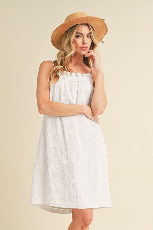 White Embroidered Trim Square Neck Mini Cami Dress