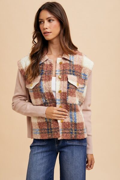 Girls Brown Faux Fur Plaid Button-Up Jacket Soft Winter Coat