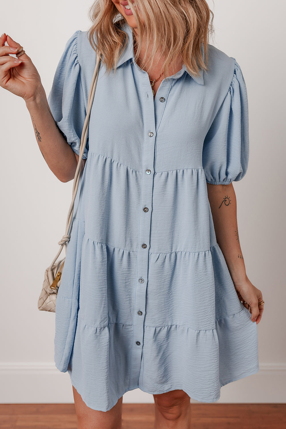 Beau Blue Shirt Collar Button Up Puff Sleeve Tiered Shift Dress
