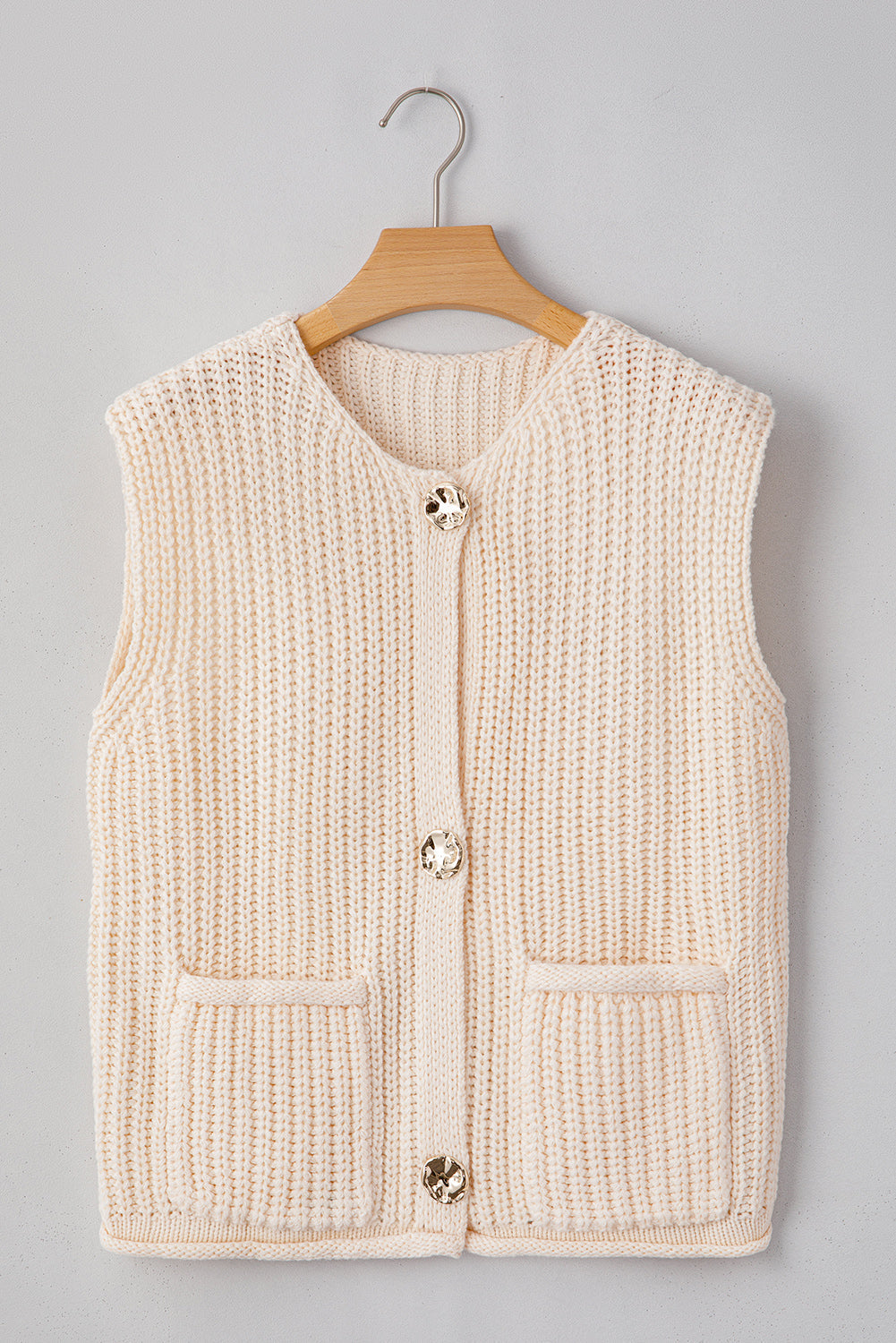 White Textured Knit Buttoned Sweater Vest with Side Pockets