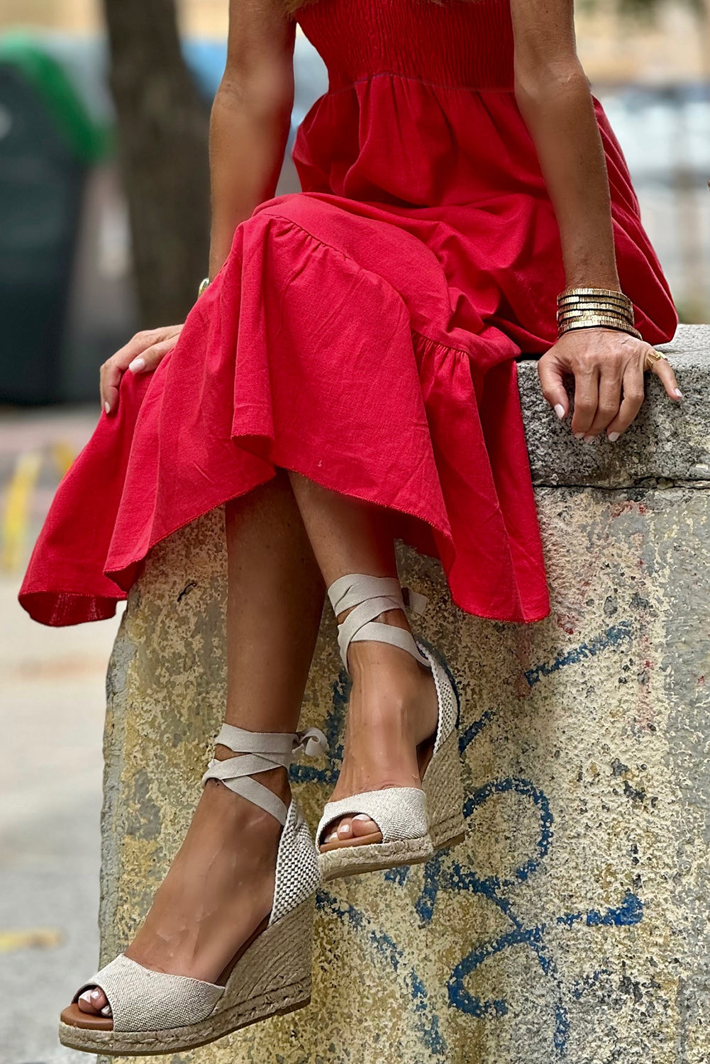 Fiery Red Cotton V-Neck Flutter Sleeve Maxi Dress