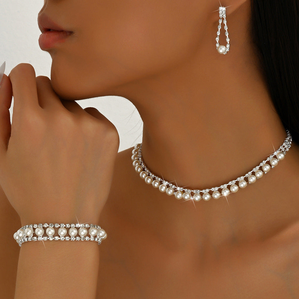 European And American Jewelry Wedding Dress Dinner Photography Accessories Pearl Rhinestone Chain Necklace Earrings Bracelet Three-Piece Set