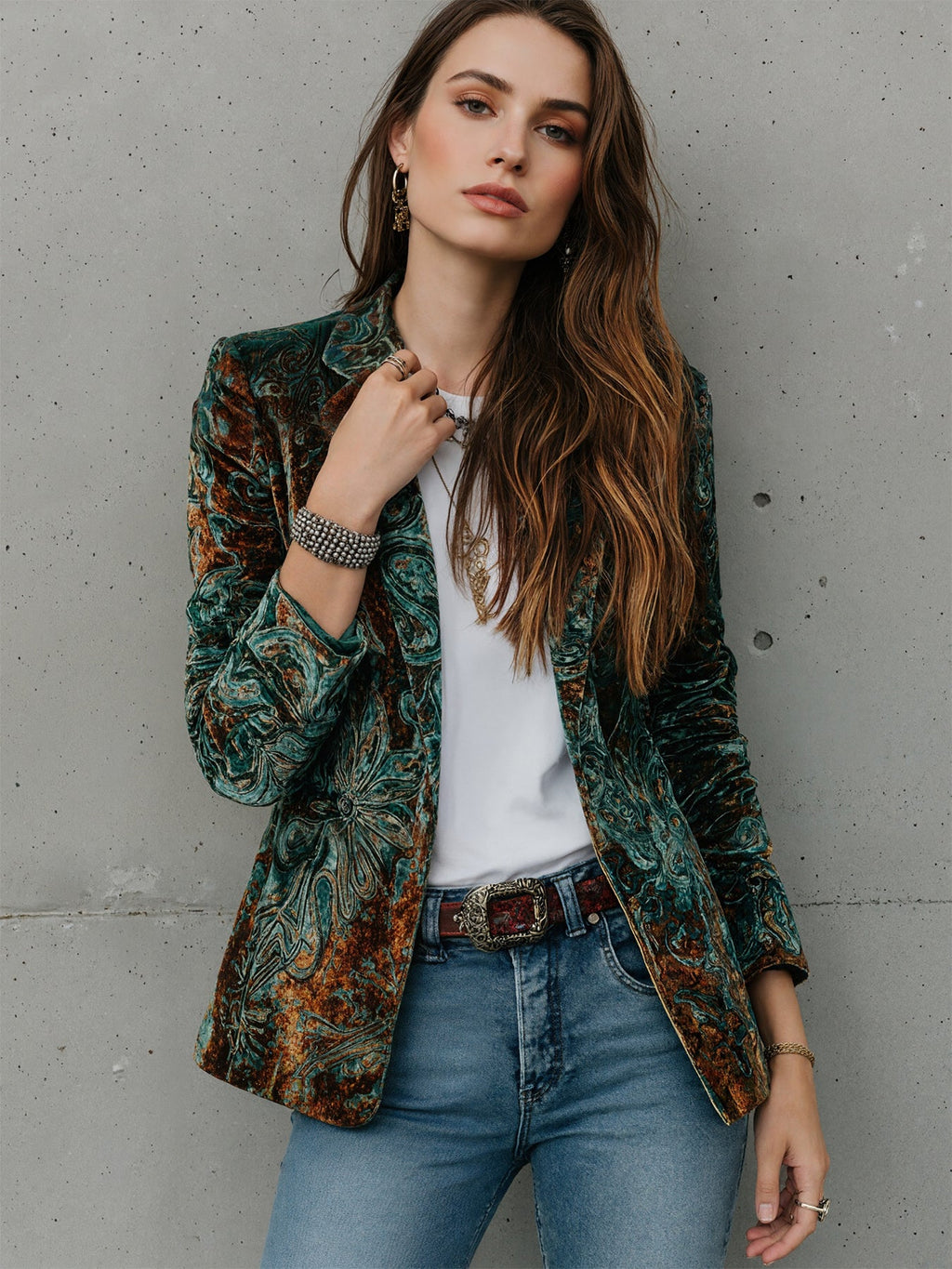 Women's Printed Velvet Blazer Autumn Winter Casual Commuter Jacket - Image 5