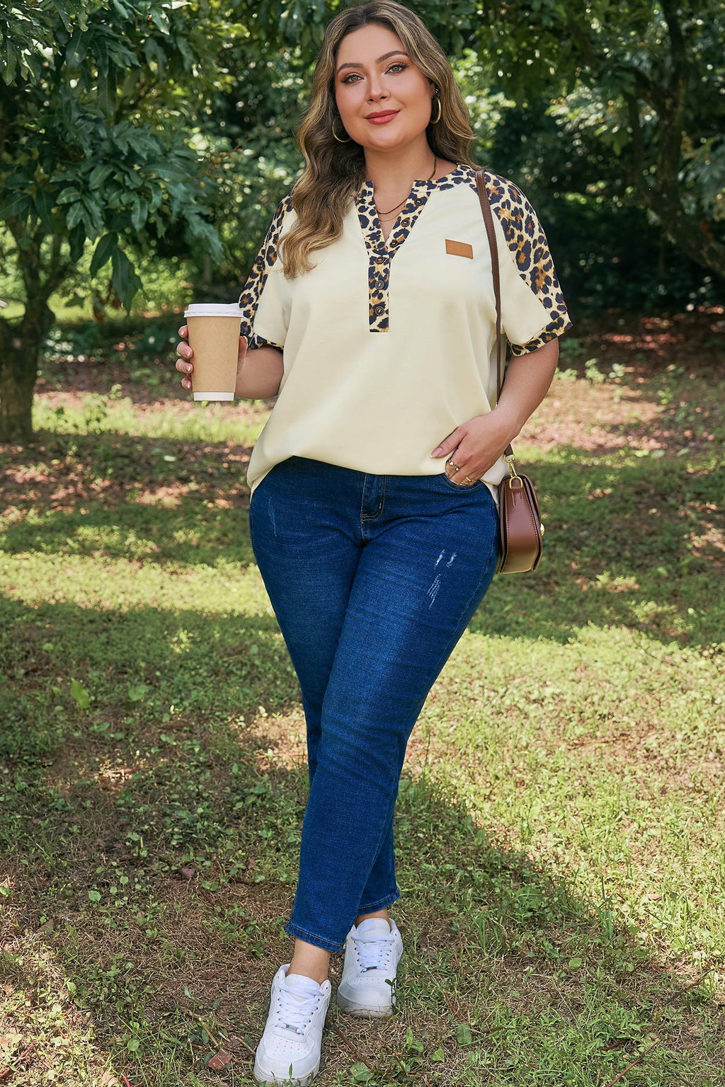 Contrast Patchwork Polo Tee in Leopard Print and Beige