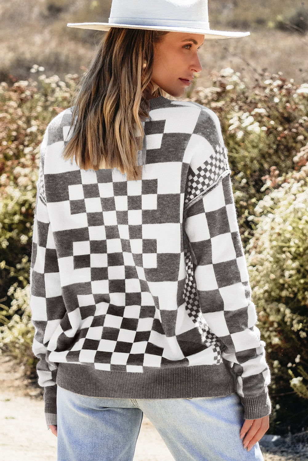 Checker Round Neck Drop Shoulder Sweater