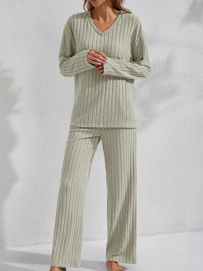 Women's Ribbed Long Sleeve Top and Pants Loungewear Set - Image 8
