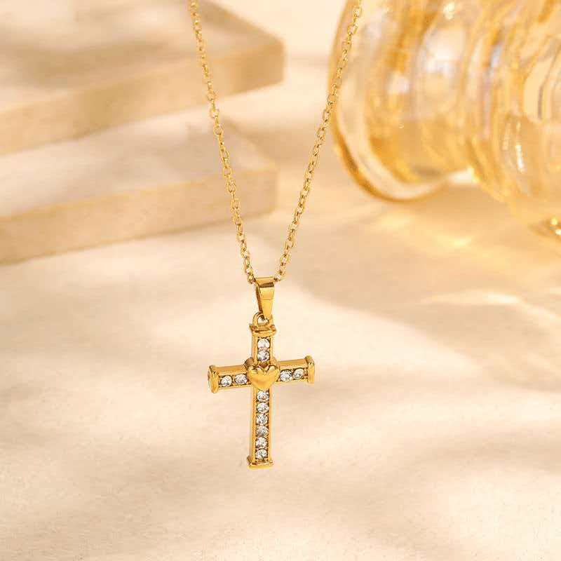 Heart-Shaped Cross Pendant Necklace with Rhinestones in Gold/Silver