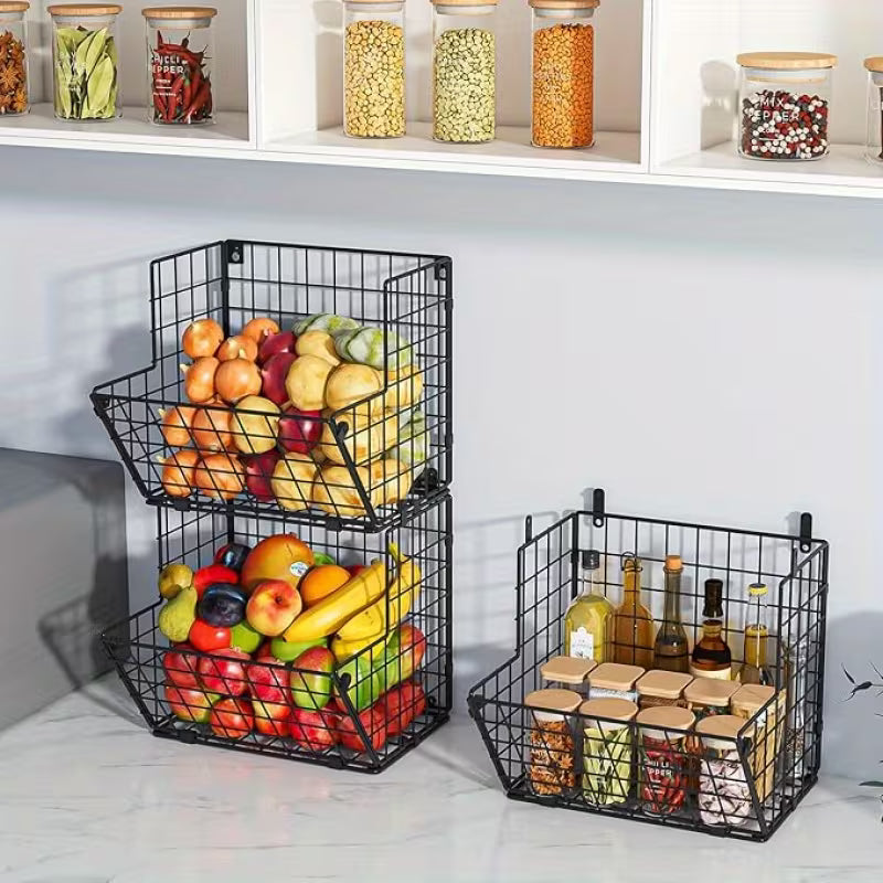 3-Tier Wall Mount Metal Wire Storage Basket with 5 S-Hooks