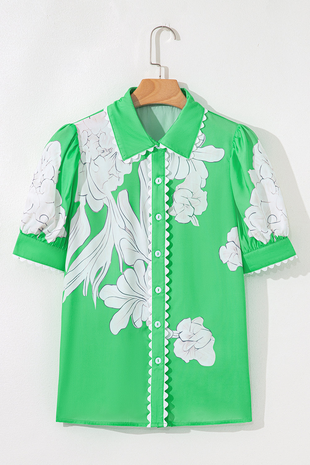 Floral Ric-Rac Edge Puff Sleeve Button-Up Shirt