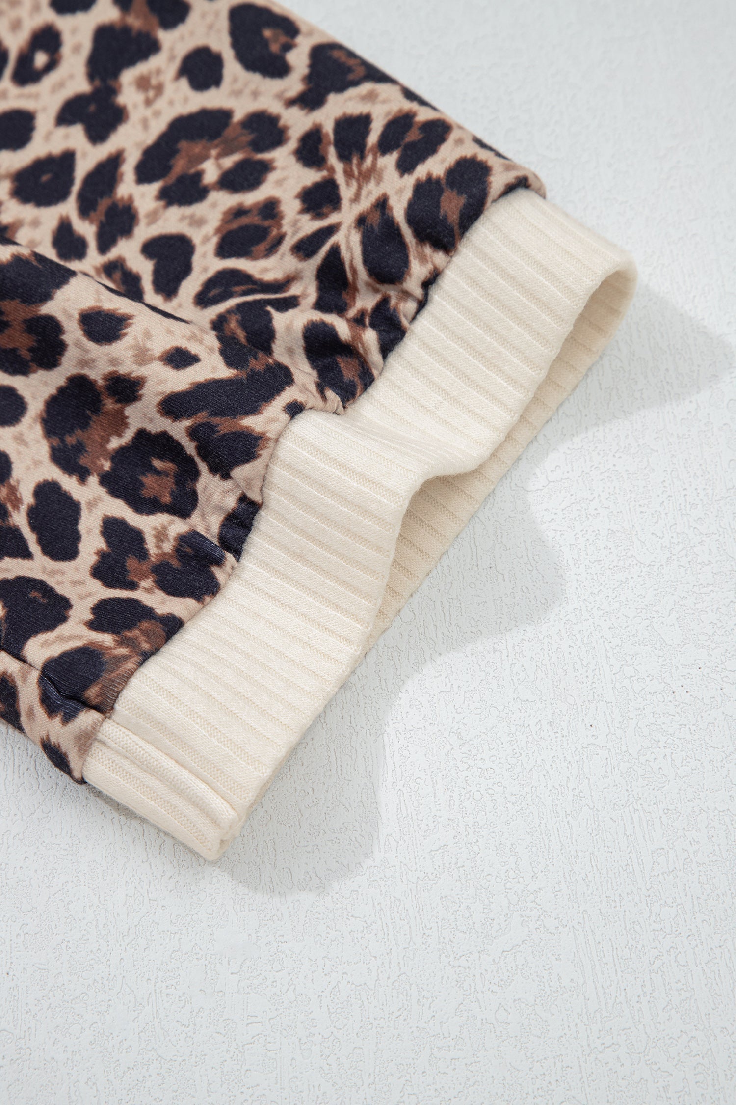White Ribbed Texture Button Down Shirt with Leopard Patchwork