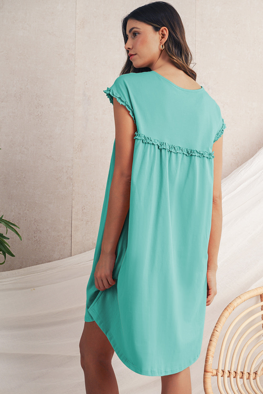 Mint Green Frilled Trim Crewneck Mini Dress | Relaxed Fit