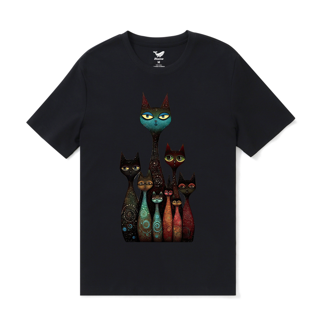 Whimsical Happy Cat Family Graphic Cotton Tee - Black