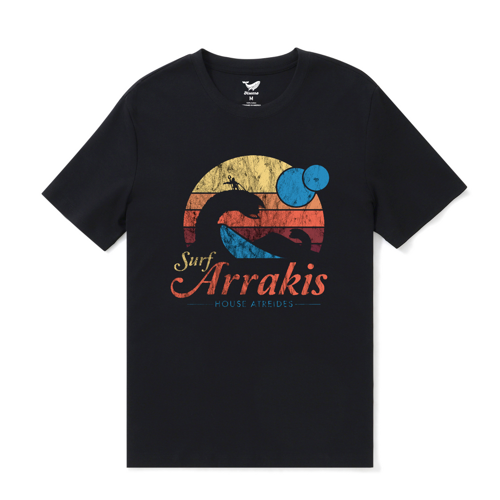 Black vintage-style distressed surf graphic t-shirt