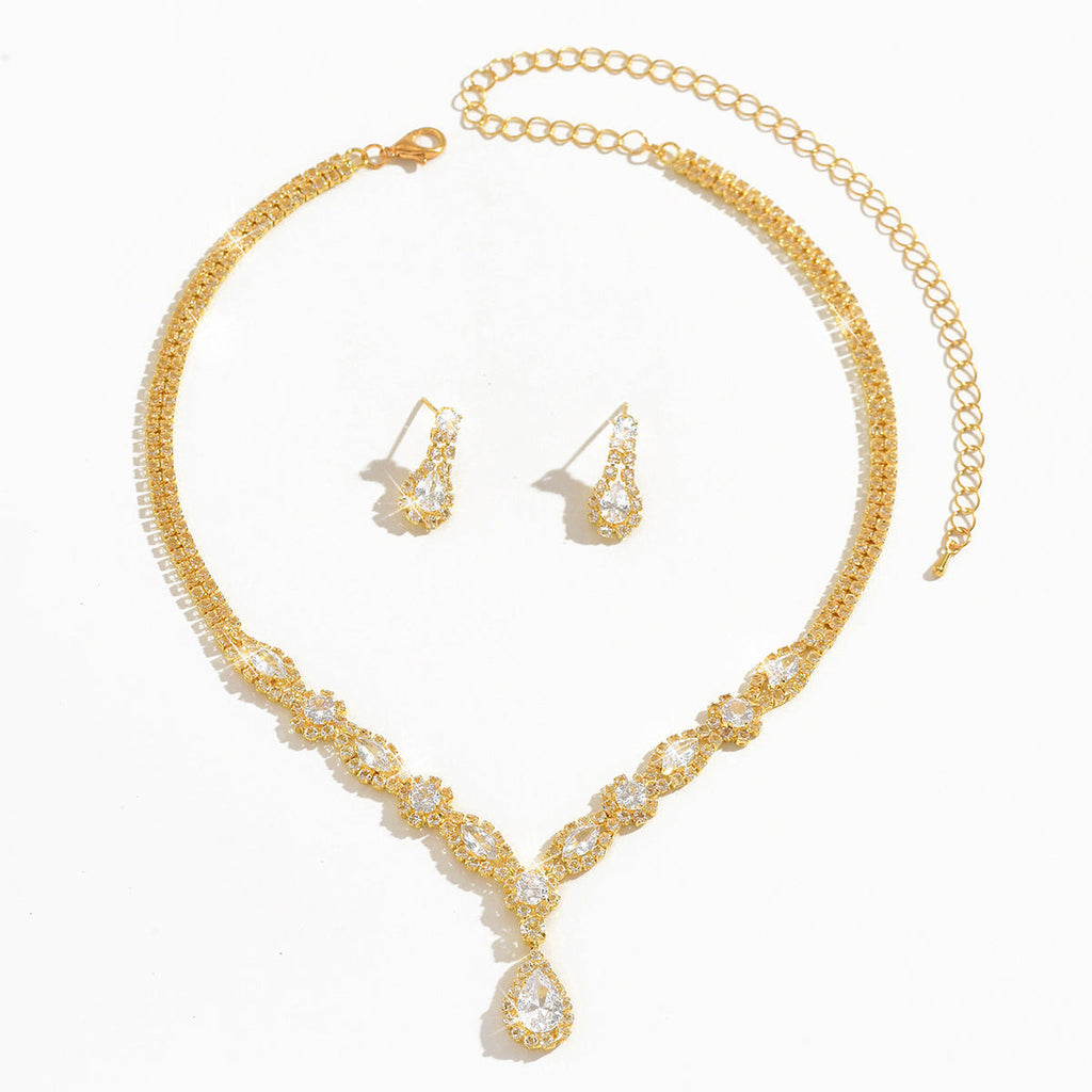 Women 2 Pcs French Style Light Luxury Bridal Jewelry Set,Teardrop Pendant Cubic Zirconia Necklace And Earrings,Fashion Costume Accessories For Wedding Party Occasion