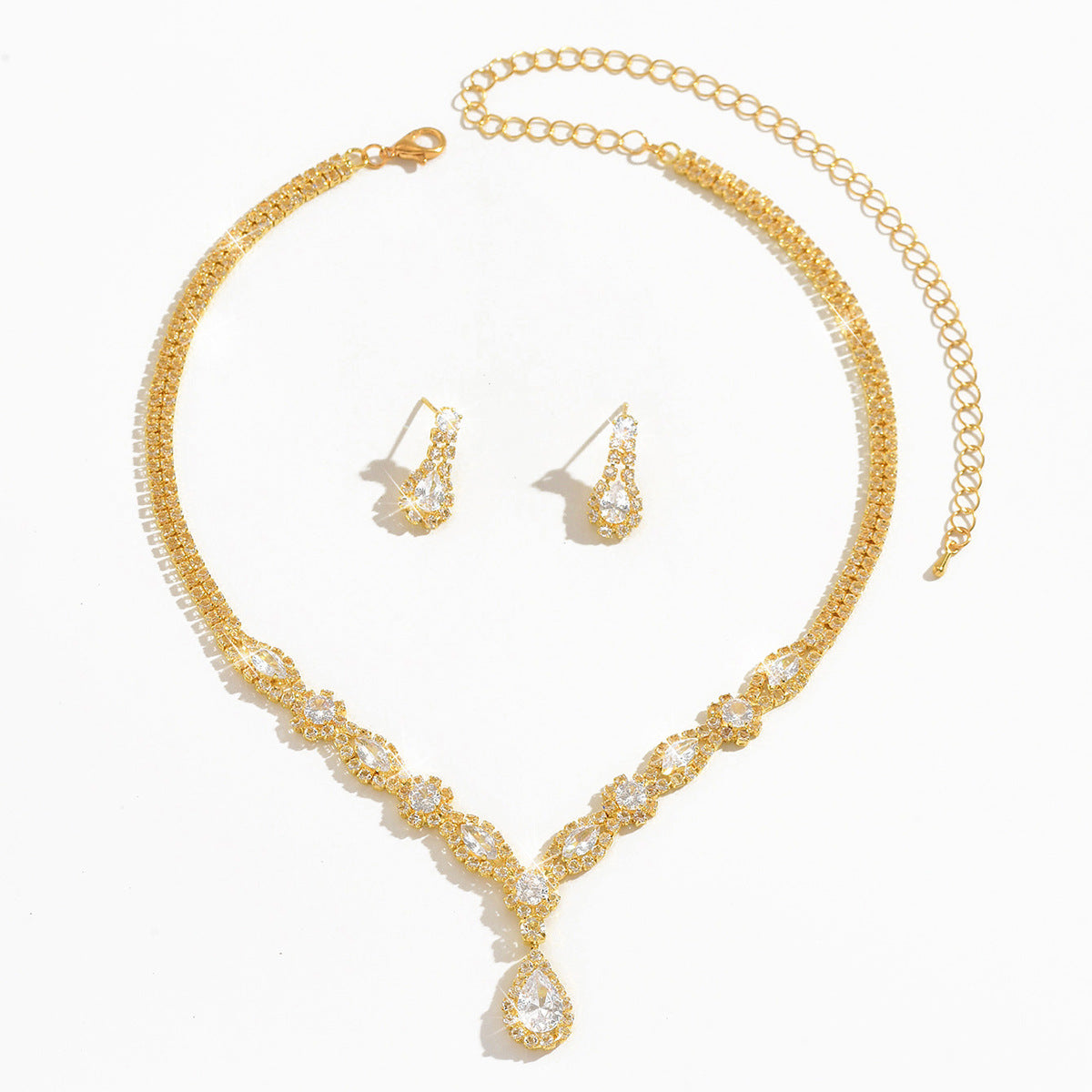 Women 2 Pcs French Style Light Luxury Bridal Jewelry Set,Teardrop Pendant Cubic Zirconia Necklace And Earrings,Fashion Costume Accessories For Wedding Party Occasion