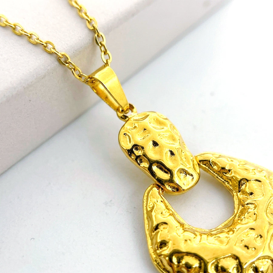 Gold Tone Hammered Textured Open U Shape Square Jewelry Set 2Pcs Women Pendant Necklace Drop Earrings Vintage Boho Concave Convex Statement Metal Jewelry Dropshipping Gift