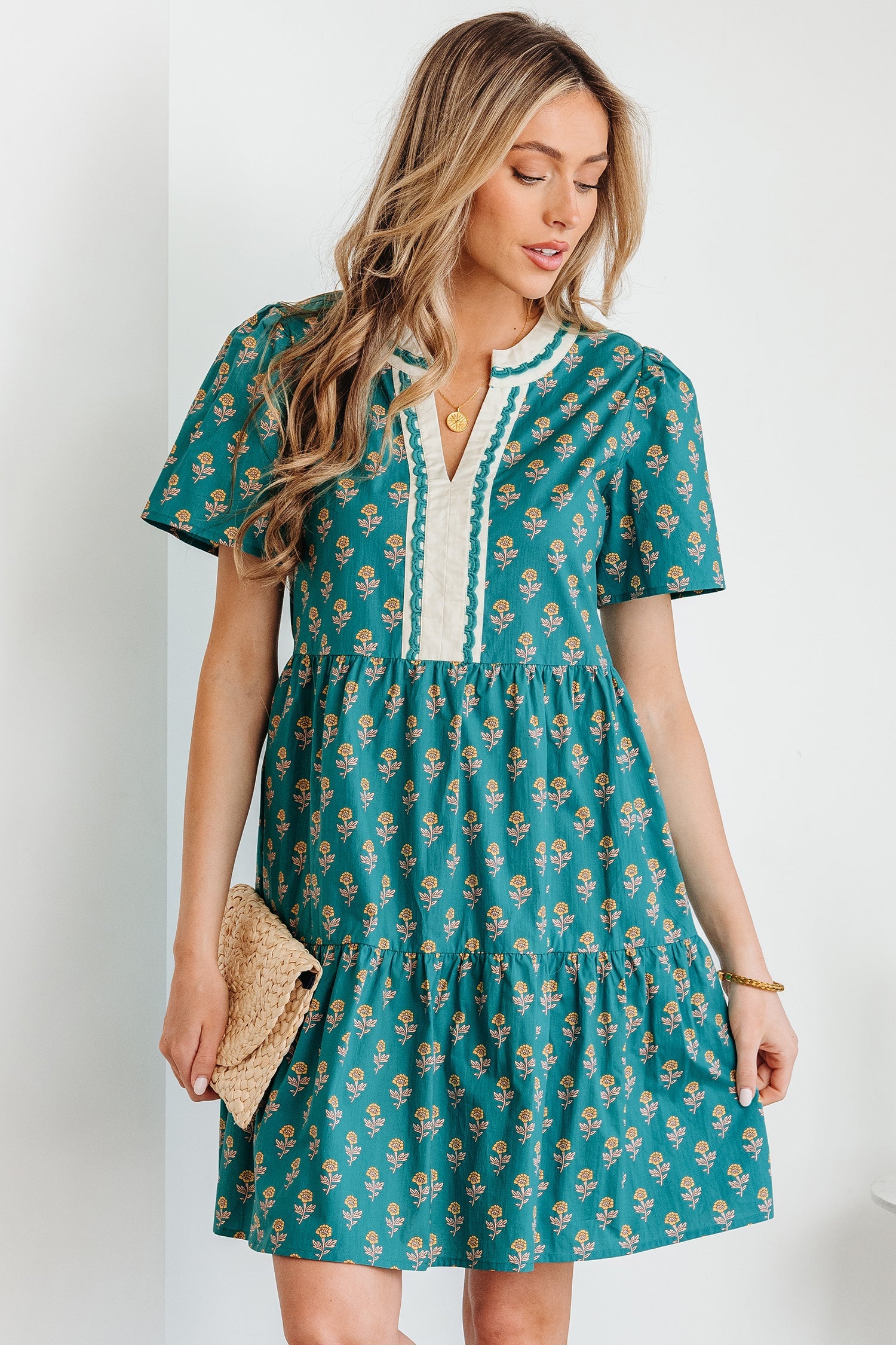 Clover Short Sleeve Floral V-Neck Dress with Contrast Trim