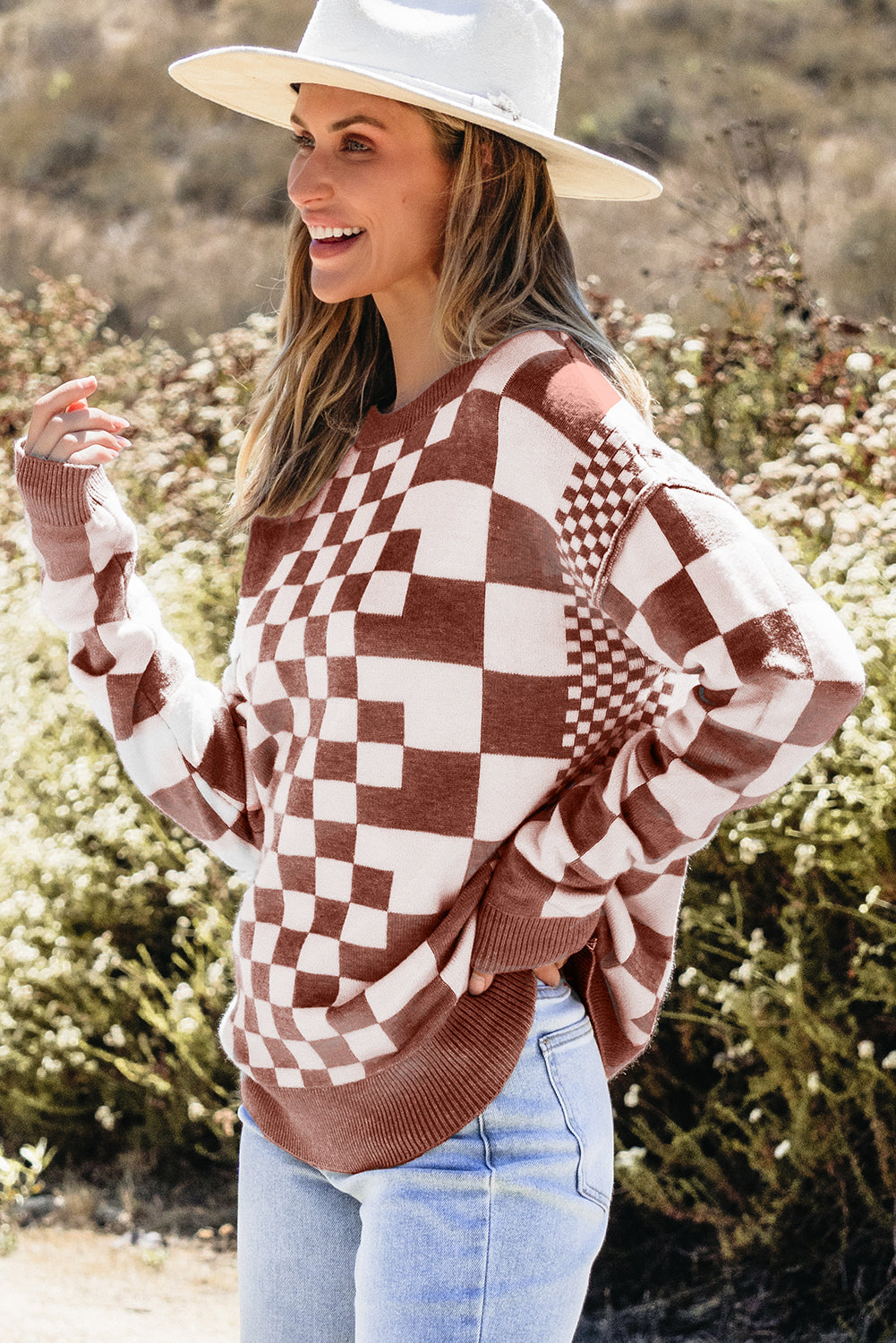 Checker Round Neck Drop Shoulder Sweater