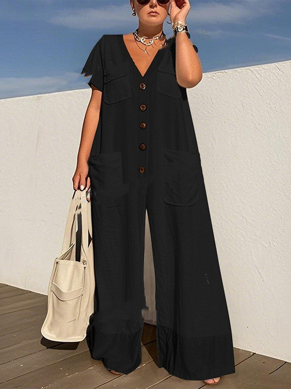 Elegant Single-Breasted Jumpsuit with Pockets and Quarter Sleeves