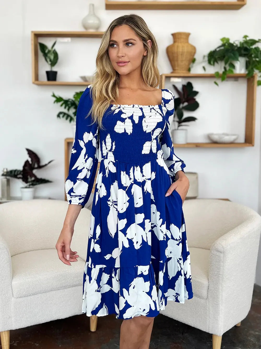 Floral Ruffle Hem Smocked Midi Dress with Pockets