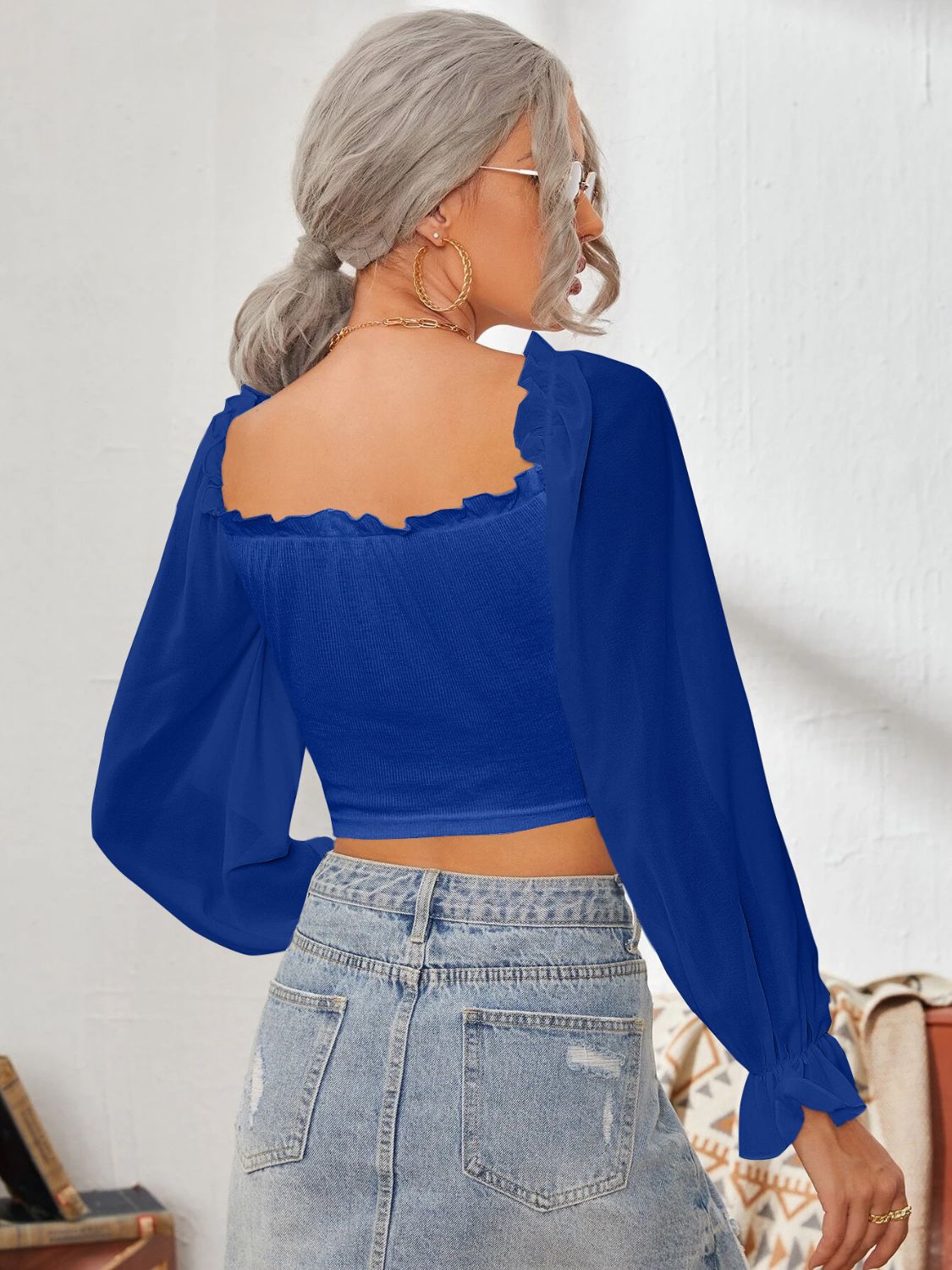 Mesh Sweetheart Neck Flounce Sleeve Top with Ruffled Detail - Image 12