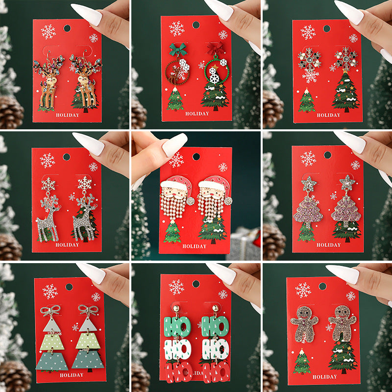 Cross-Border Personalized Christmas Alloy Earrings Christmas Hat Colorful Star Dot Diamond Christmas Tree Elk Gingerbread Man Earrings