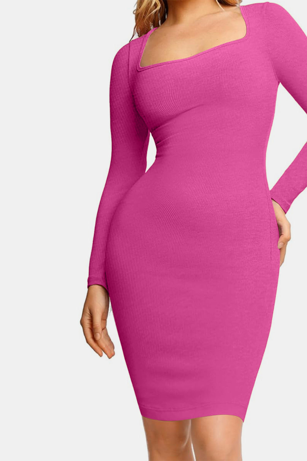 Black Square Neck Long Sleeve Sculpting Built-In Shapewear Dress