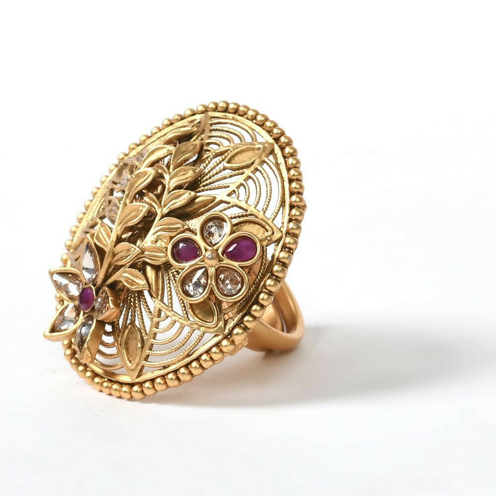 Joharkamal Gold-Polished Adjustable Stone Studded Finger Ring