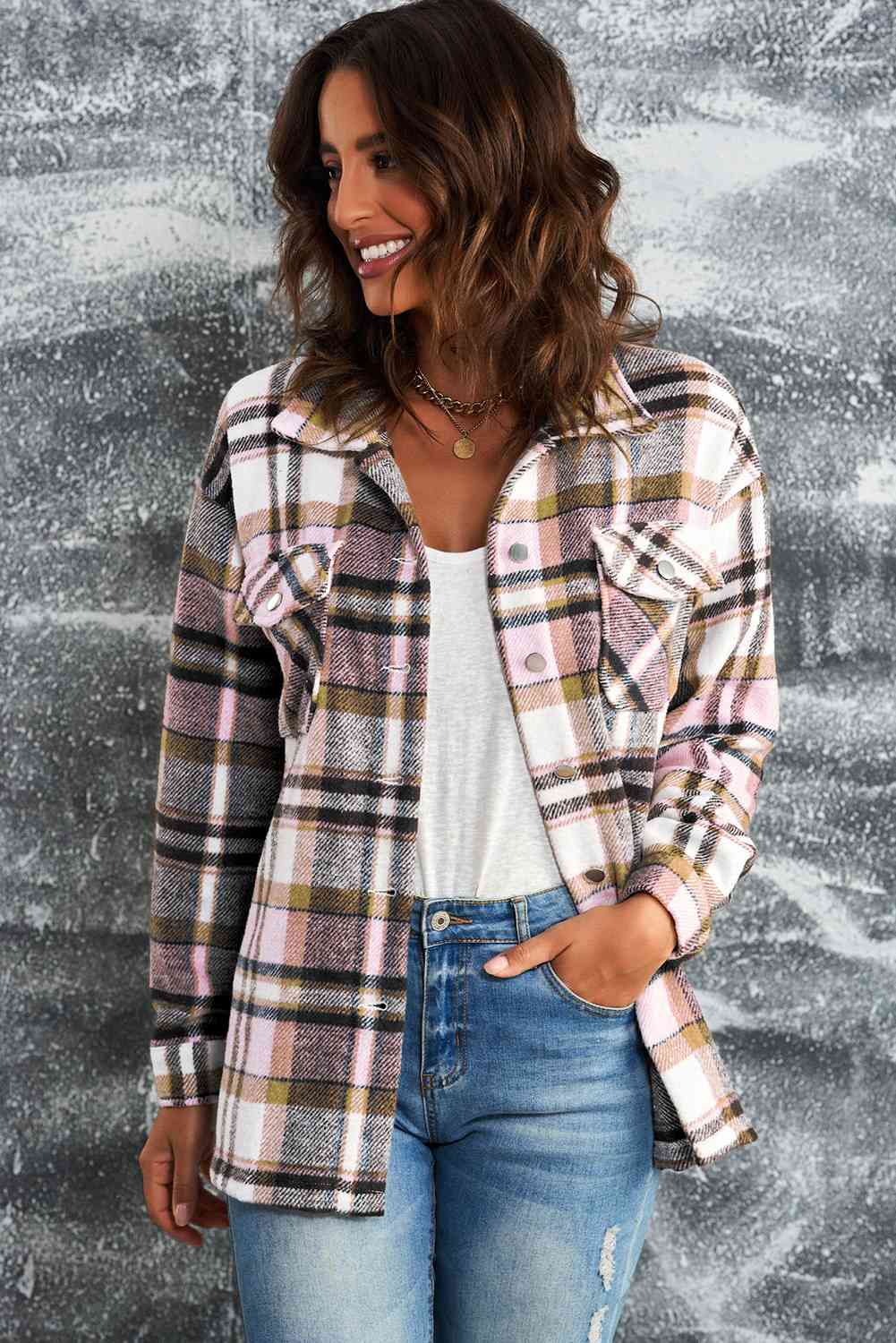 Women's Classic Plaid Button Front Shirt Jacket