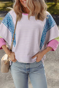 Purple Stripe Floral Color Block Raw Edge Patchwork Bracelet Sleeve Blouse