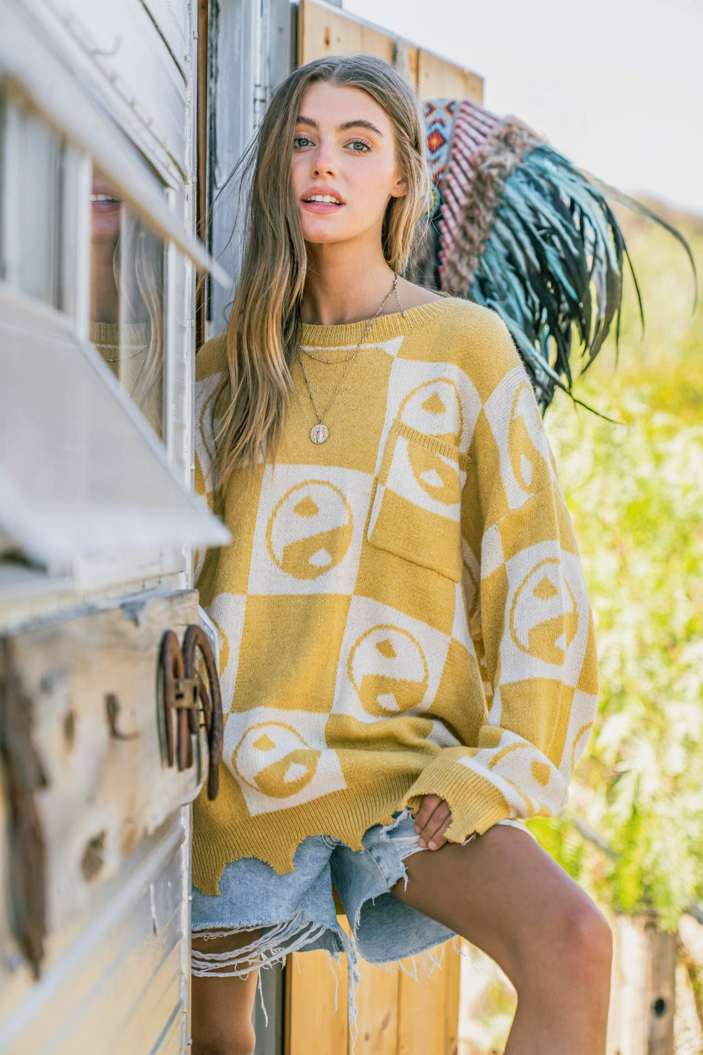 Yellow Yin Yang Checkerboard Knit Pullover Sweater - Image 5