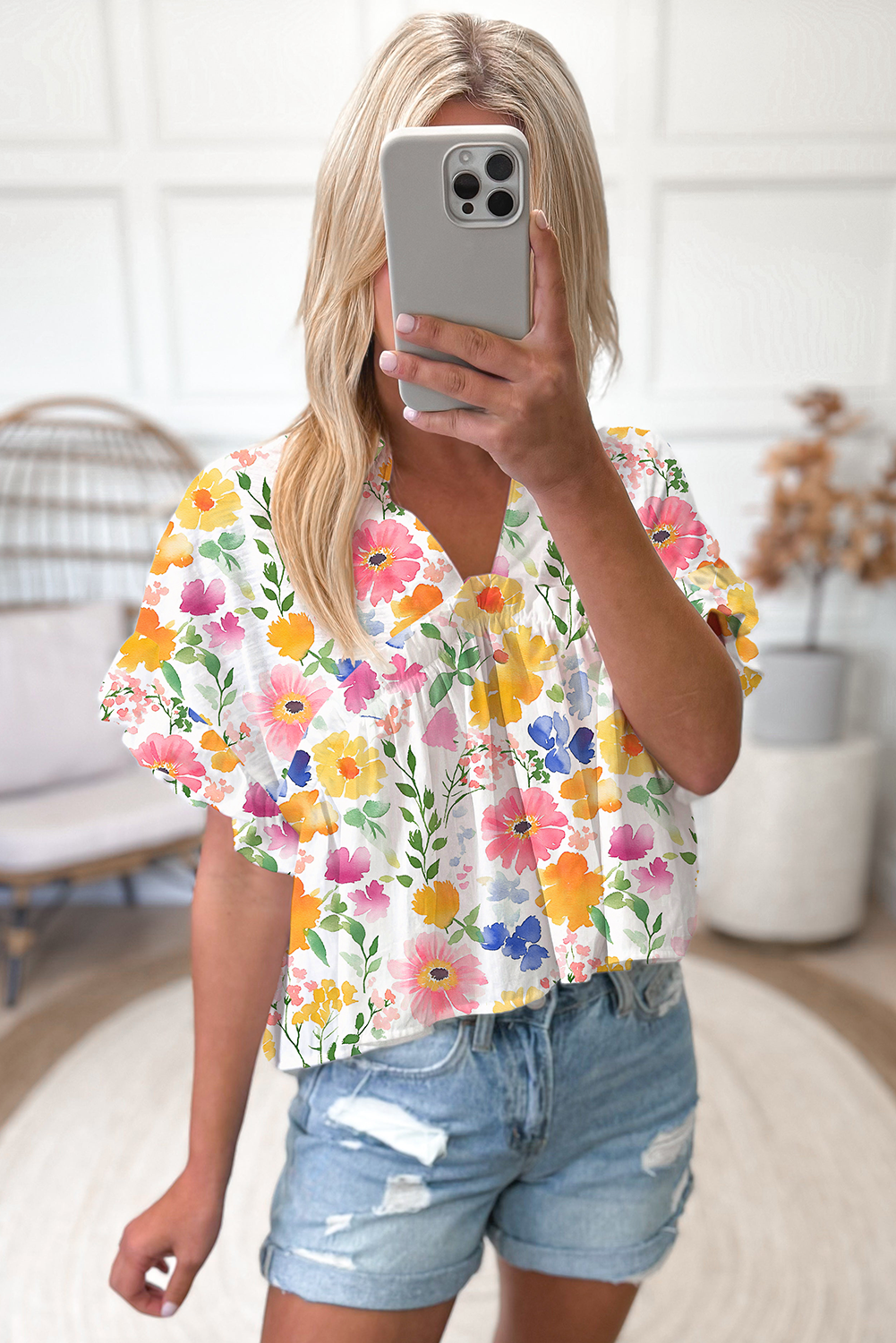 Yellow Floral Boxy V Neck Blouse with Ruffled Short Sleeves